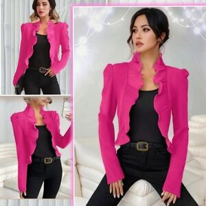 Hot Pink Blazer with Ruffle Lapel Collar and Tailored Silhouette